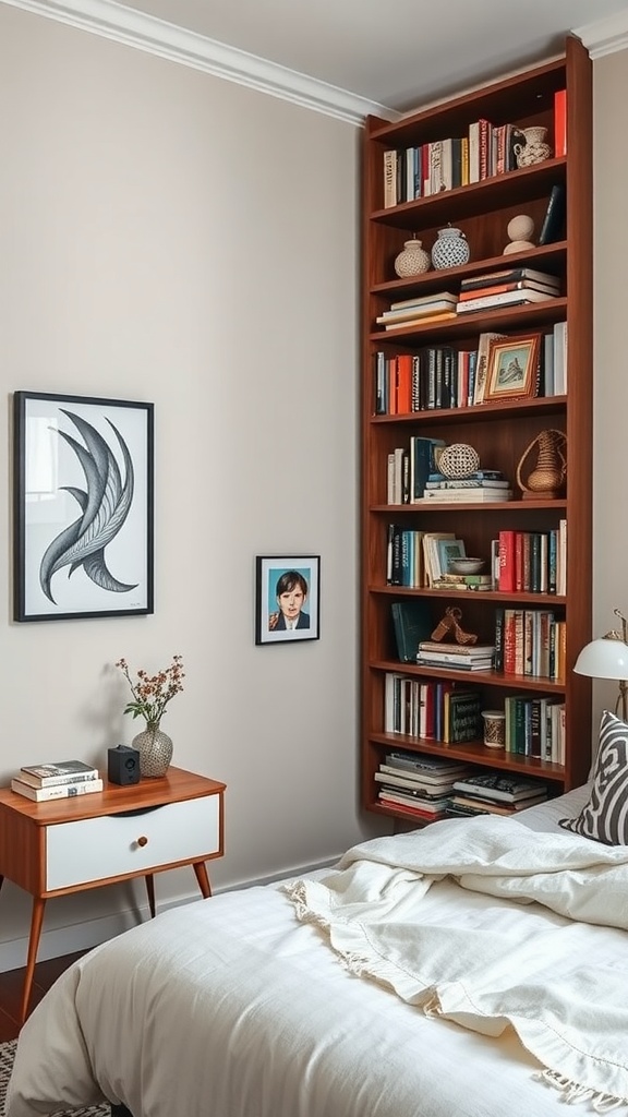 A cozy bedroom featuring a tall bookshelf filled with books and decorative items, complemented by a stylish bedside table and bedding.