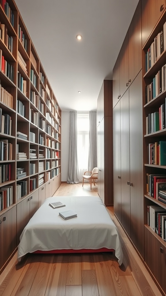 A long narrow bedroom featuring tall bookshelves and a low bed arrangement.