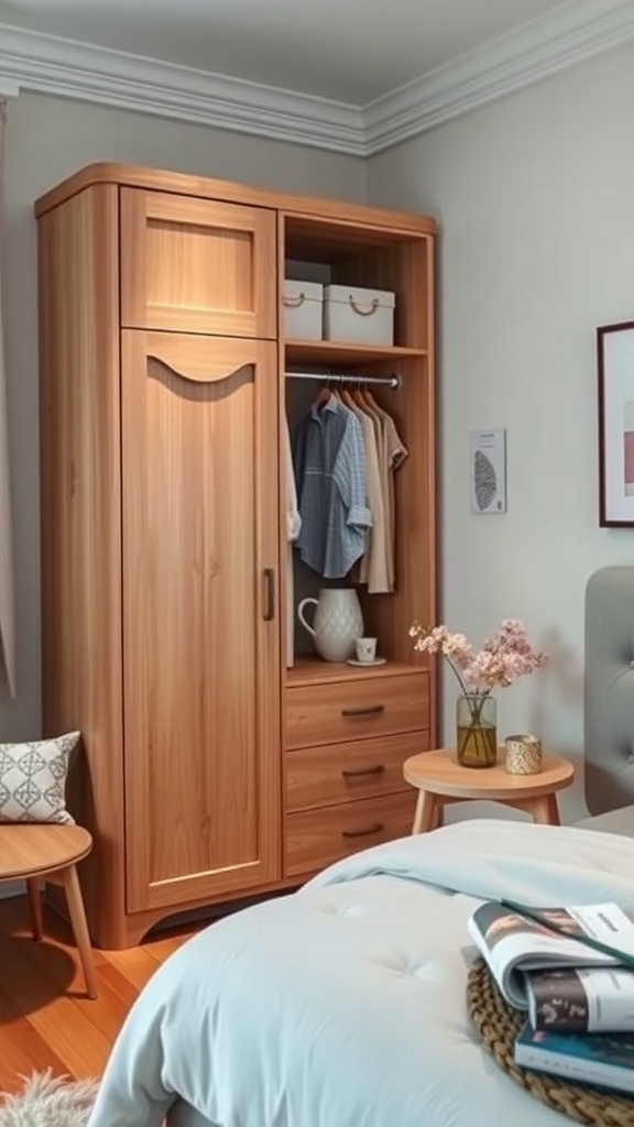 A small bedroom featuring a tall wooden wardrobe with clothes and storage boxes, alongside a bedside table with flowers.