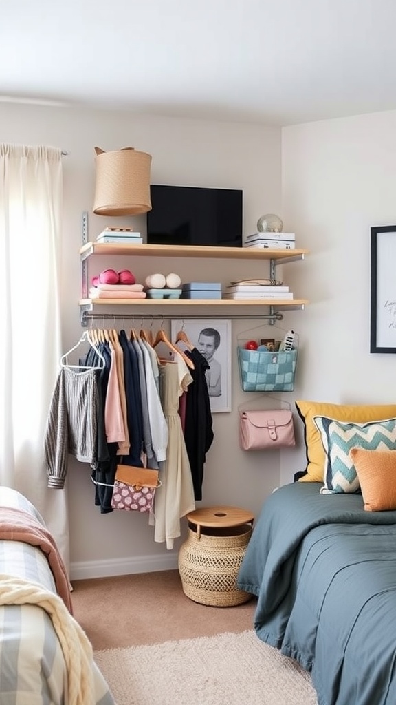 A stylish shared bedroom with vertical storage solutions including shelves, hanging clothes, and decorative items.