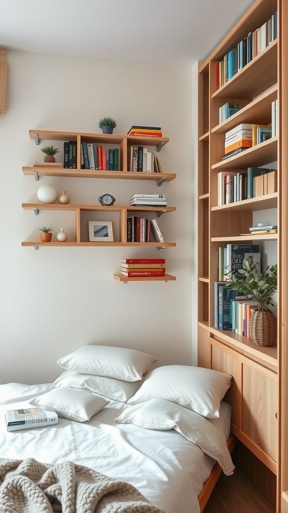 A small rectangular bedroom featuring wall-mounted shelves and a built-in bookshelf, showcasing books and decorative items.