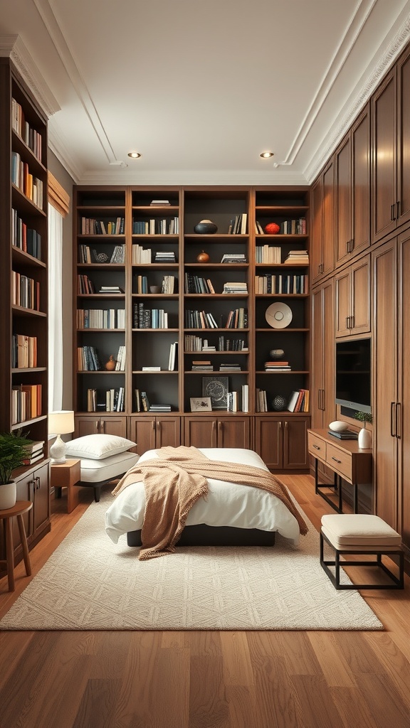 A long narrow bedroom featuring tall bookshelves and cabinetry for vertical storage.