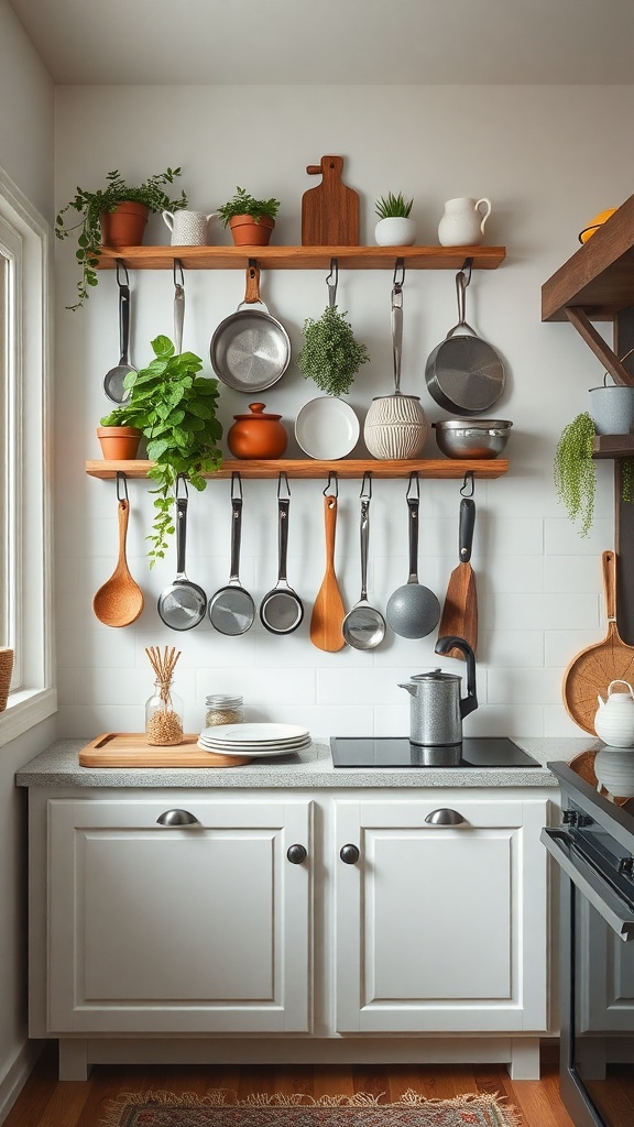 A cozy farmhouse kitchen with wall-mounted pot racks displaying pots, pans, and plants.