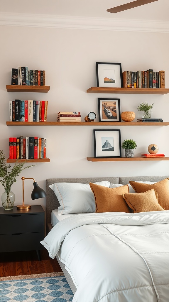 A cozy bedroom featuring wall-mounted wooden shelves filled with books and decorative items.