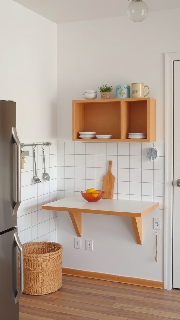 A small kitchen featuring a wall-mounted table with shelves above, providing a cozy dining space.