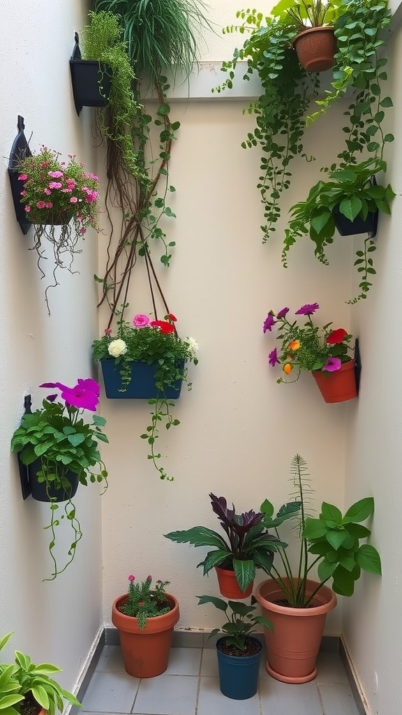 A small courtyard garden showcasing wall-mounted planters with various plants.