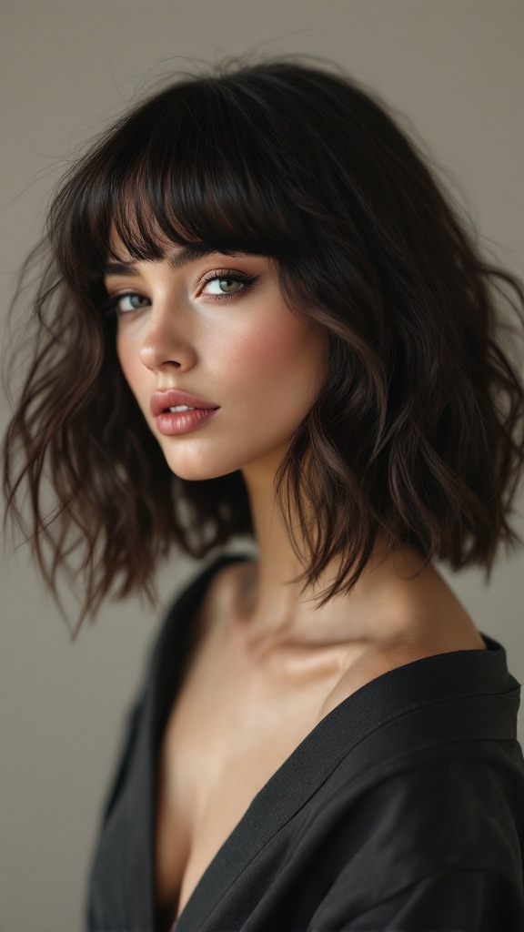 A woman with wavy dark hair and bangs, wearing a V neck outfit, showcasing a trendy hairstyle.