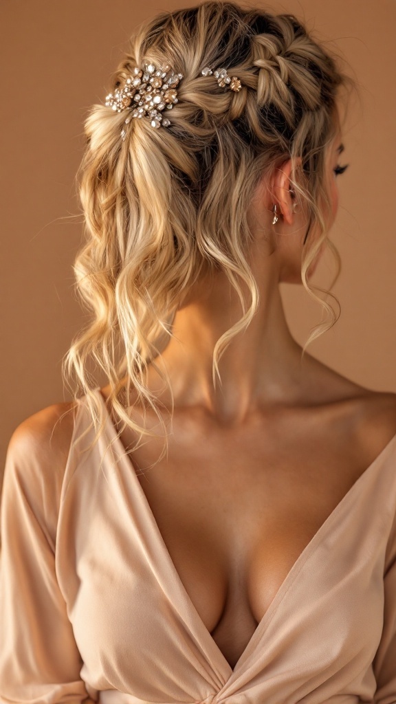 A woman with wavy hair styled in a braid and adorned with a sparkling hair clip, wearing a V neck top.
