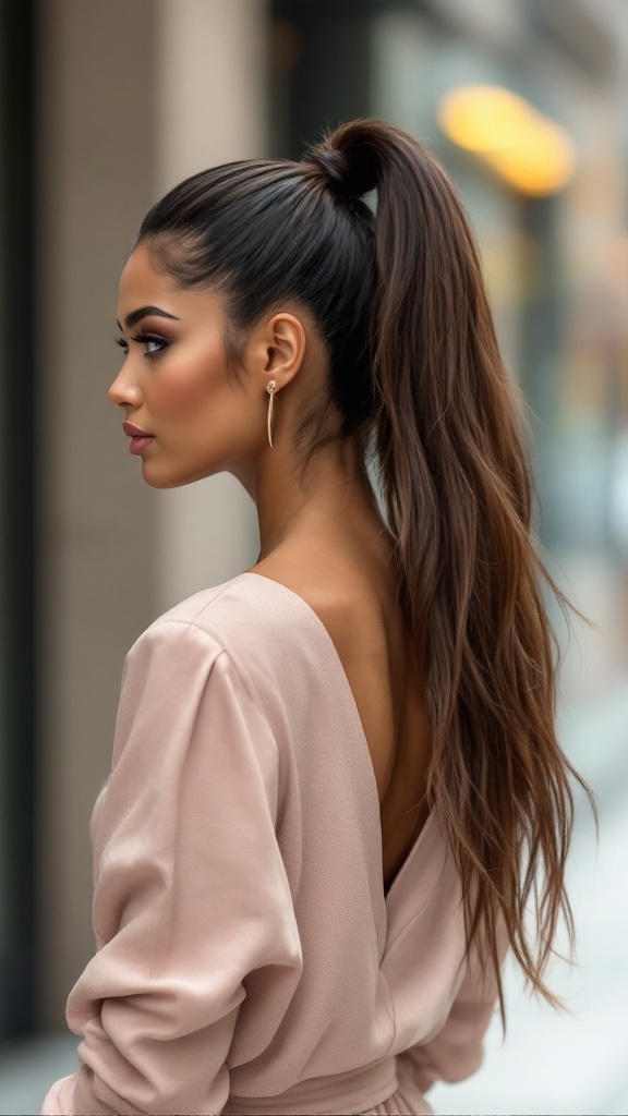A woman with a long ponytail styled in a V neck outfit, showcasing a chic hairstyle.
