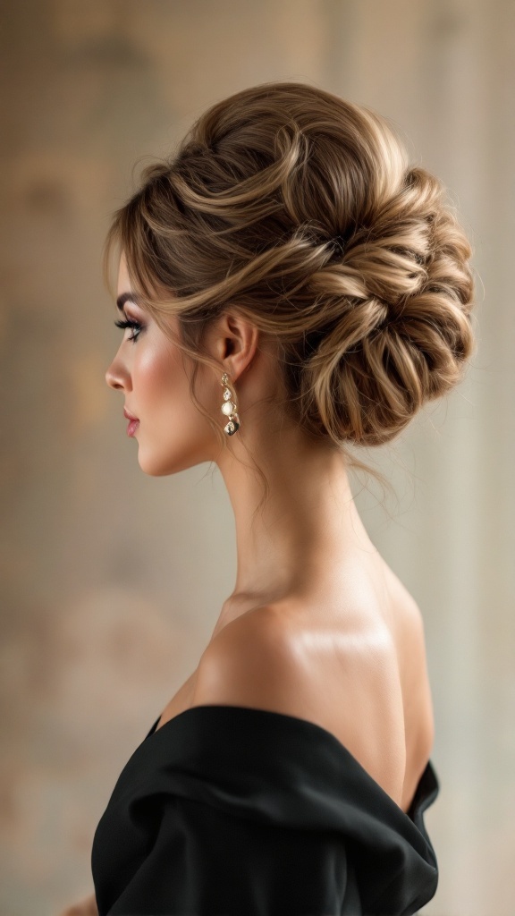 A woman with a stylish updo hairstyle, showcasing soft curls, elegant earrings, and wearing a black off-shoulder dress.