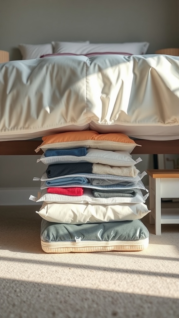 Vacuum-sealed bags filled with clothes under a bed