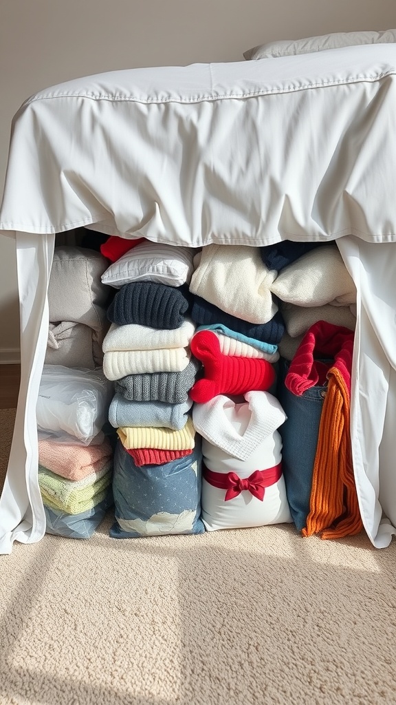 Neatly organized vacuum-sealed bags under a bed, filled with seasonal clothing.