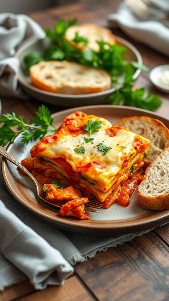 A plate of vegetable lasagna with garlic bread on the side, garnished with parsley.