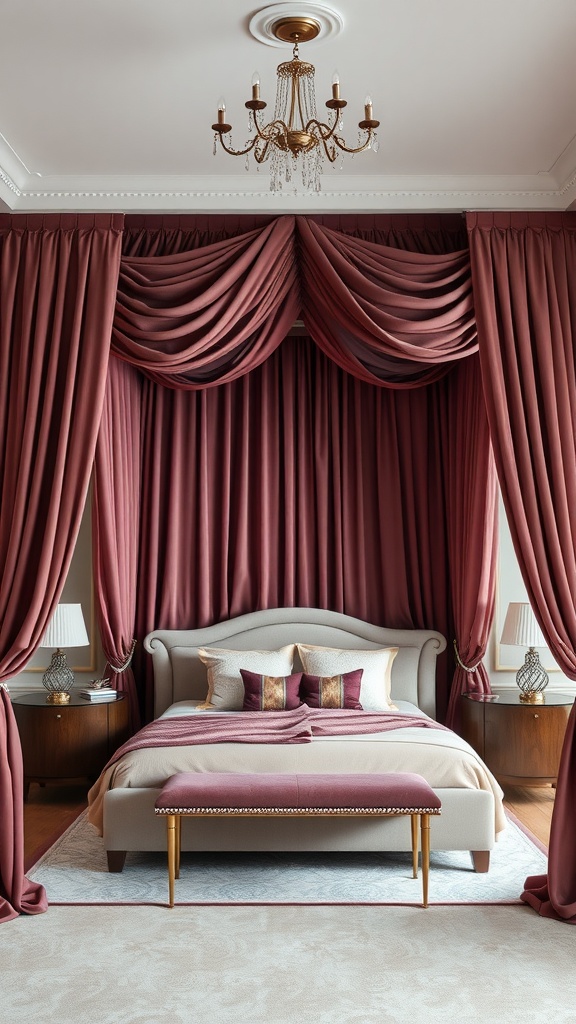 Luxurious bedroom featuring a velvet canopy in a warm rosy hue, complemented by elegant decor.