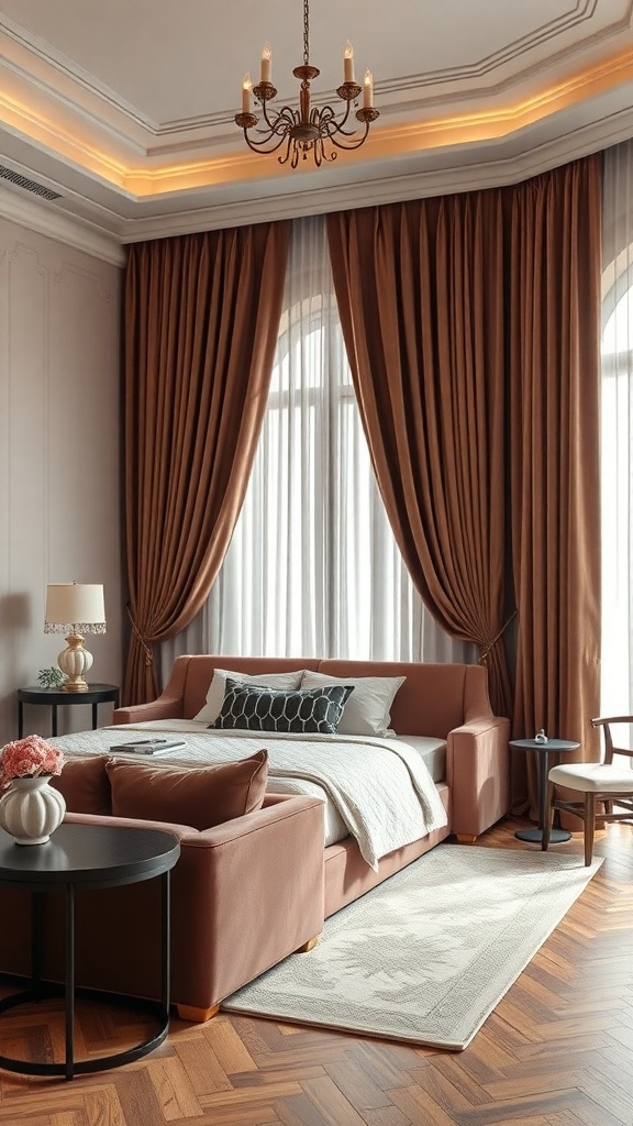 A stylish living room featuring elegant velvet curtains, a cozy sofa, and tasteful decor.