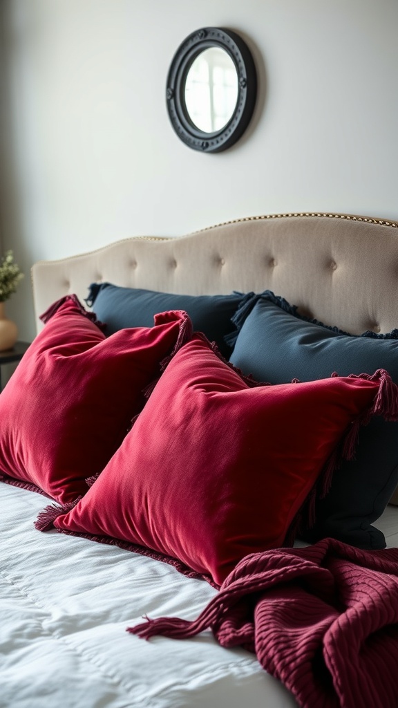 A close-up of a bed with velvet throw pillows in red and blue, featuring tassels and a cozy blanket.