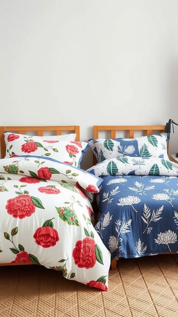 Twin beds with vibrant floral and navy blue bedding options.
