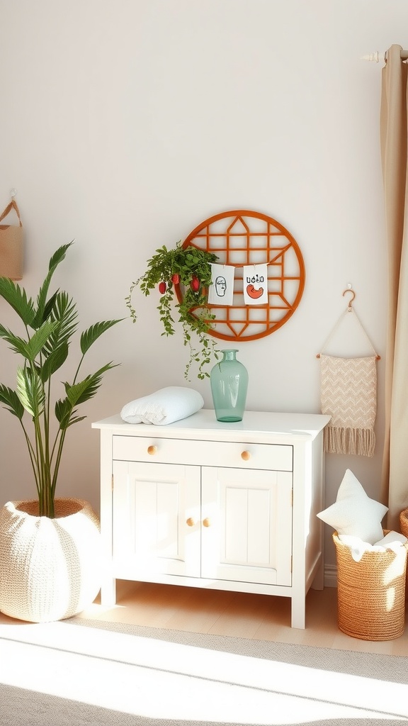 A bright and inviting nursery changing table area featuring a white changing table, decorative wall art, and greenery.