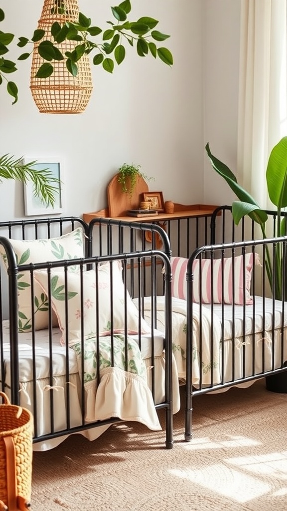 Two cribs with stylish bedding in a cozy nursery setting with plants and natural decor.