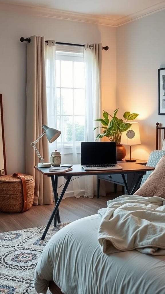 A cozy bedroom featuring a stylish folding desk with a laptop, lamp, and a plant.