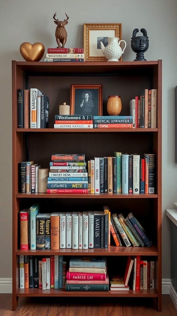 A wooden bookshelf displaying a mix of vertically and horizontally stacked books with decorative items.