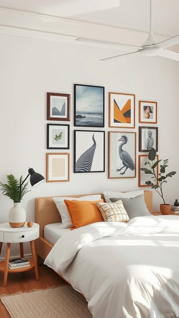A cozy bedroom featuring a vertical art display on the wall, with a bed, decorative pillows, and a bedside table with a lamp and plant.