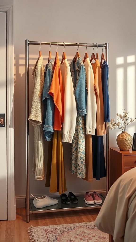 A vertical clothing rack displaying various colorful sweaters and skirts in a bright bedroom setting.