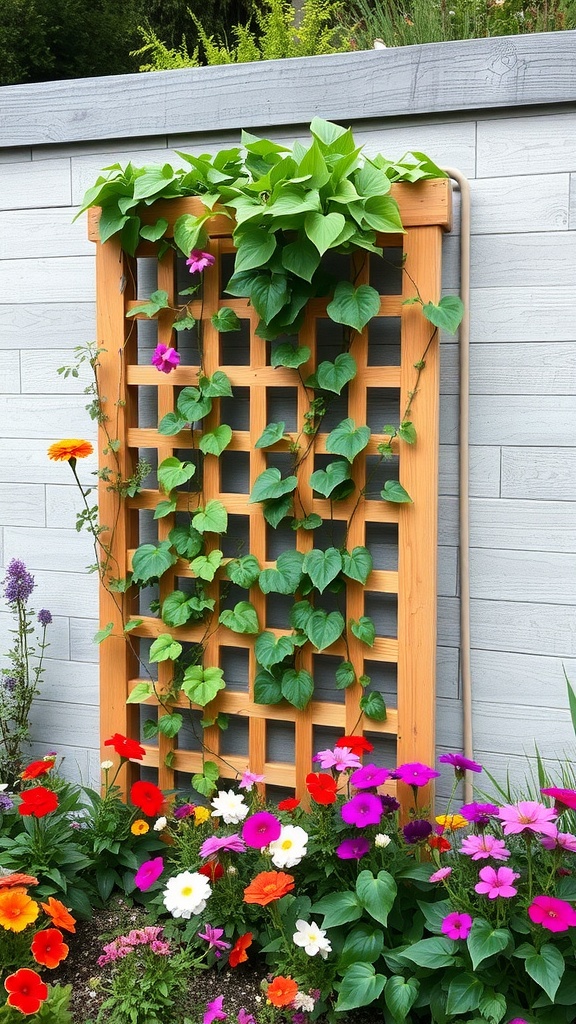 Vertical garden bed with a wooden trellis and colorful flowers at the base.