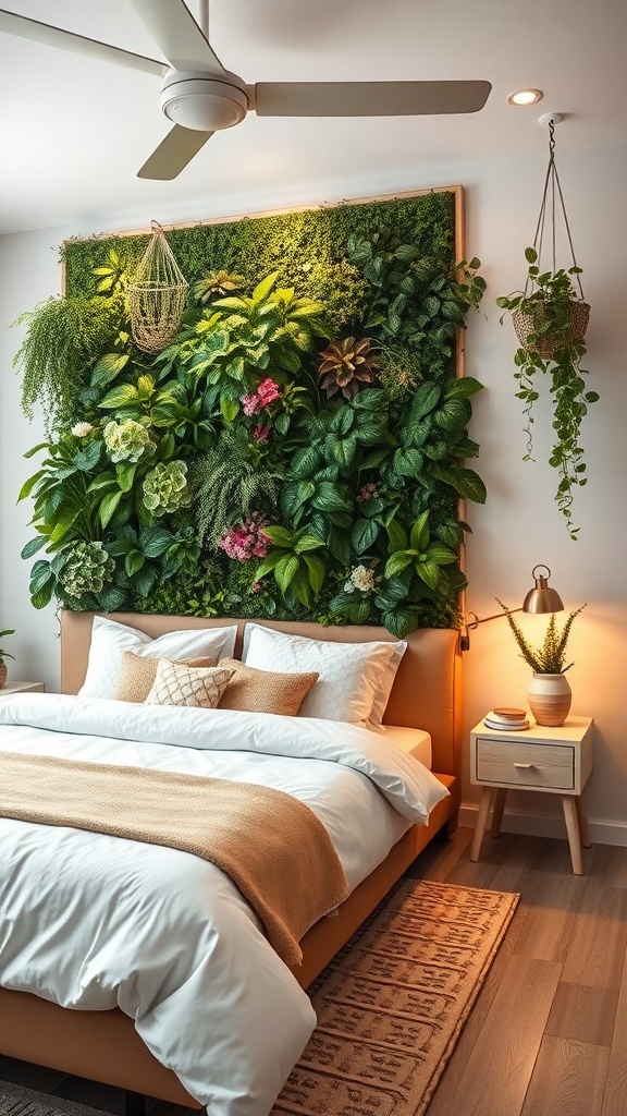 A bedroom featuring a vertical garden wall with various plants, a cozy bed with soft linens, and warm lighting.