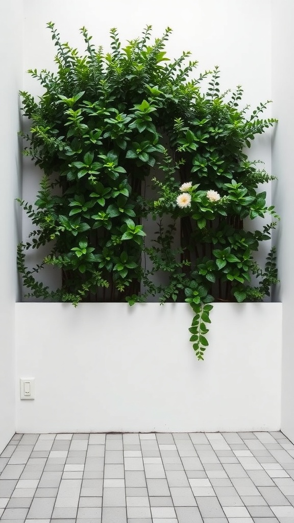 A modern vertical garden installation with lush green foliage and a single white flower, set against a minimalist white wall.