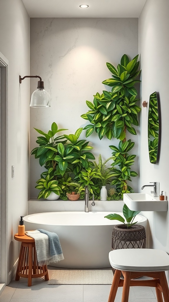 A modern bathroom featuring a vertical garden niche with various green plants, a freestanding bathtub, and stylish fixtures.
