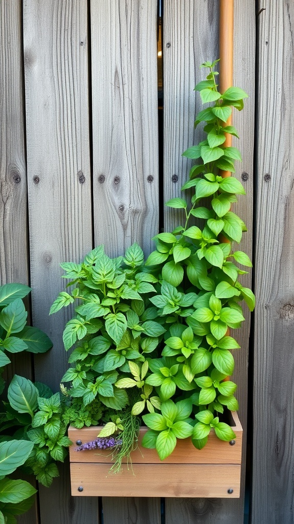 A vertical garden planter filled with various green herbs against a wooden fence.