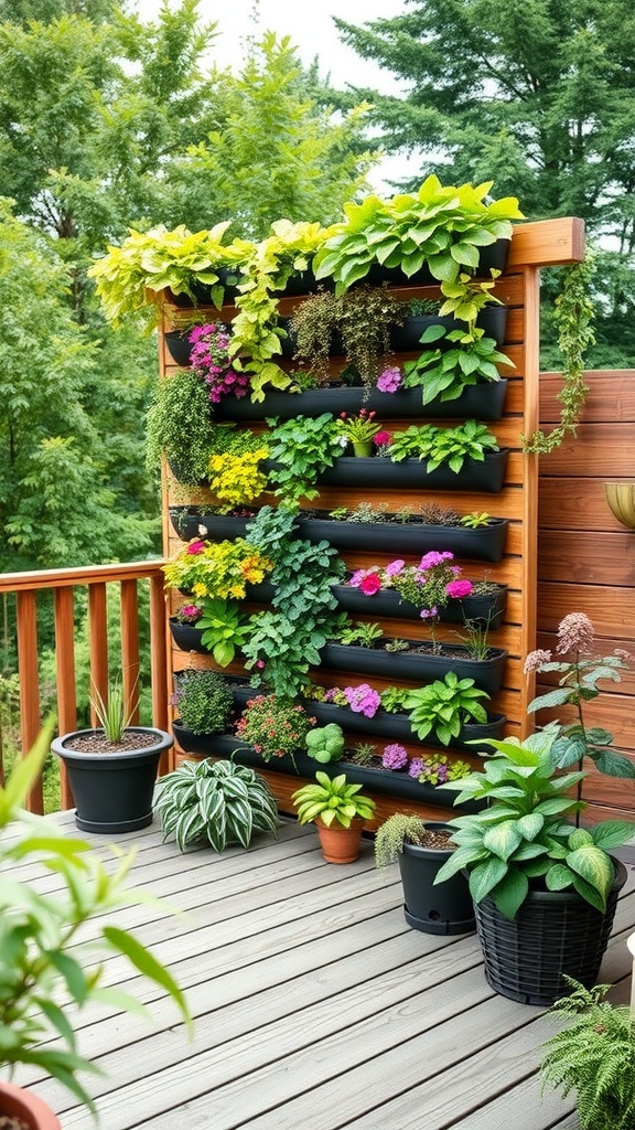 A vertical garden wall on a backyard deck showcasing colorful plants and flowers.