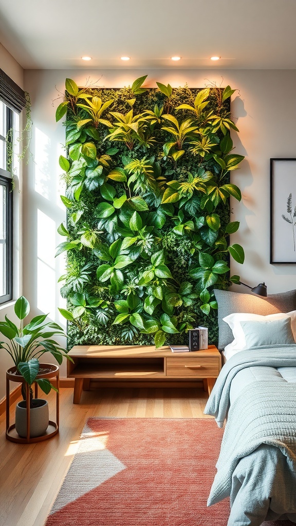 A vertical garden wall in a bedroom featuring various green plants and soft lighting.