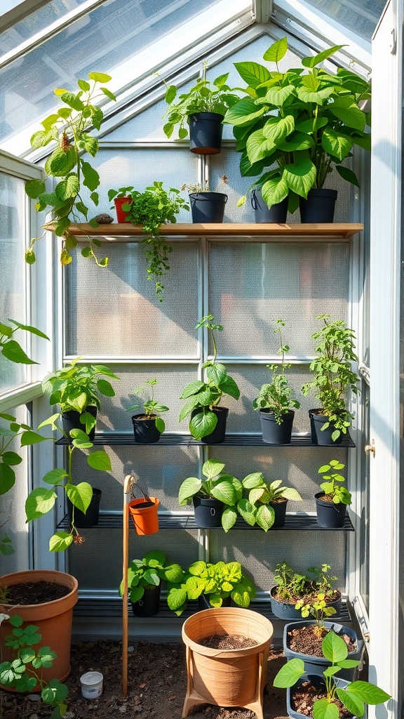A small greenhouse with vertical gardening shelves filled with various pots and plants.