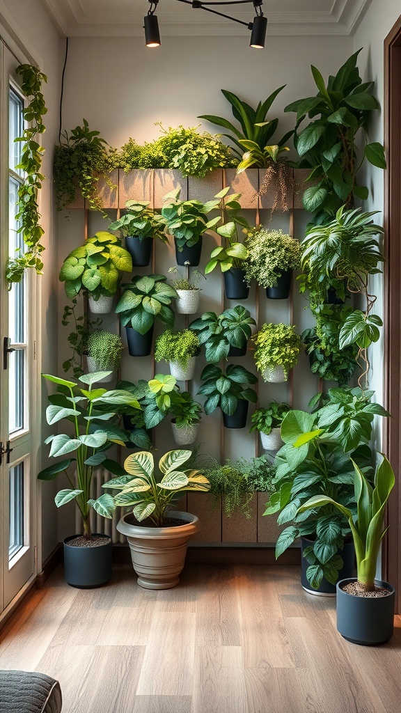 A stylish vertical garden featuring various indoor plants in pots, arranged on a wall shelf in a cozy room.