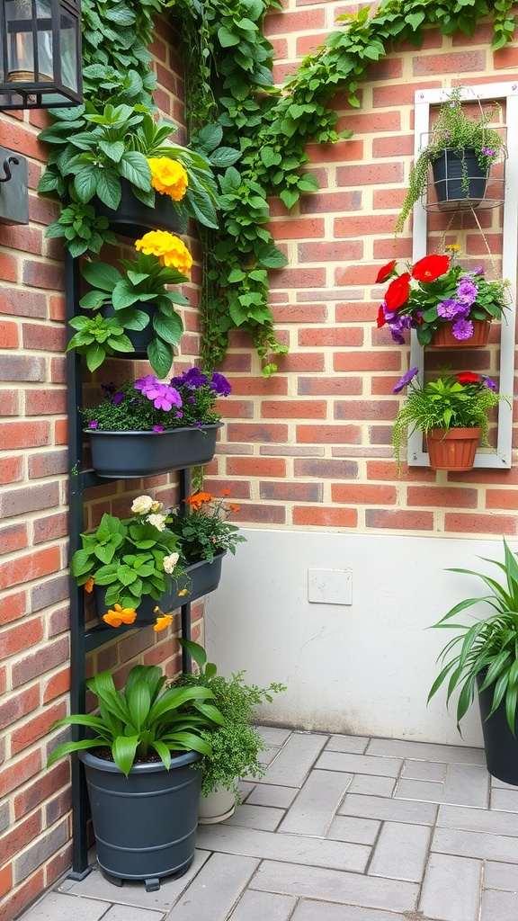 A small courtyard garden featuring vertical planters with colorful flowers and lush greenery against a brick wall.