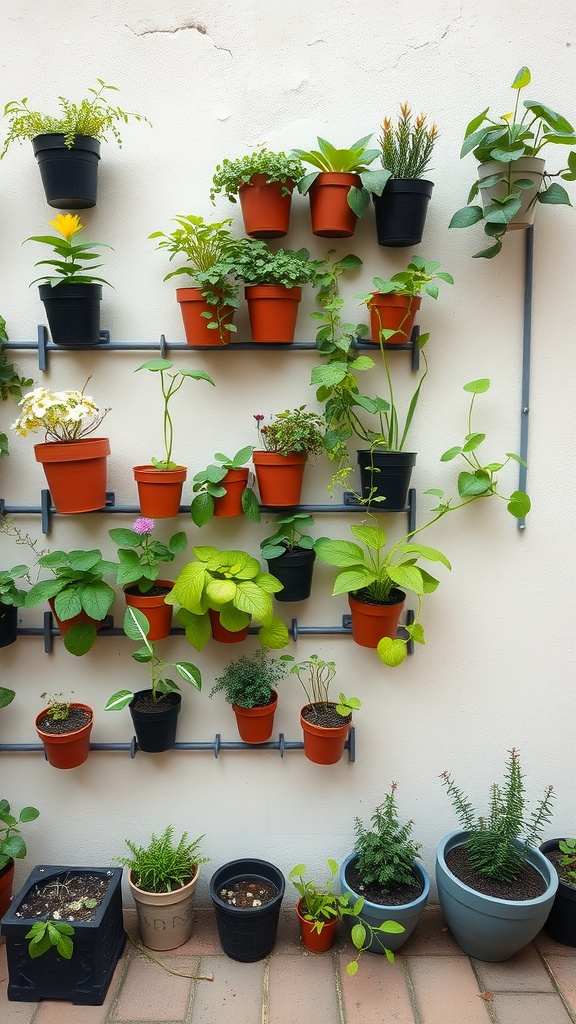 A vertical garden with various plants in pots arranged on a wall shelf.