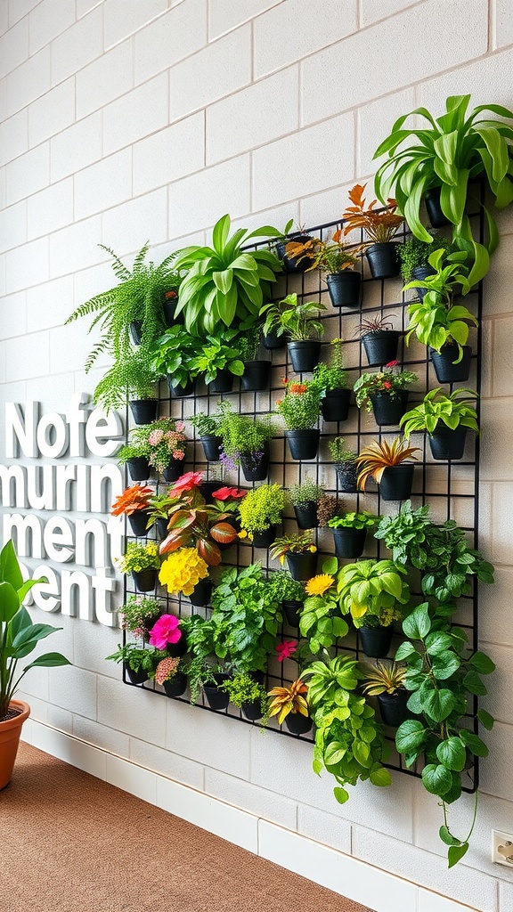 A vertical garden display with various plants in pots arranged on a wall.