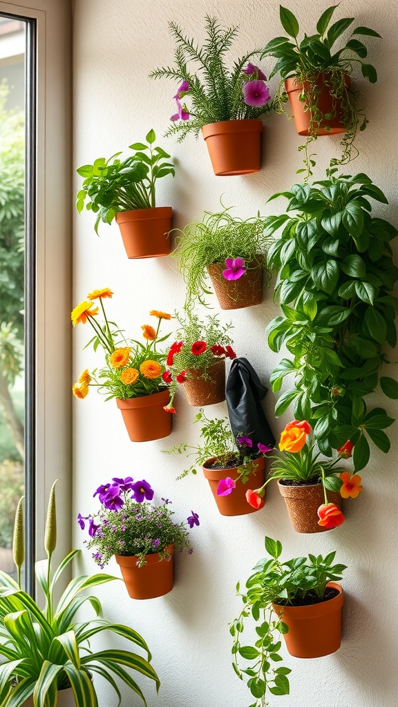 A wall featuring a variety of potted plants in terracotta pots, showcasing vertical gardening.
