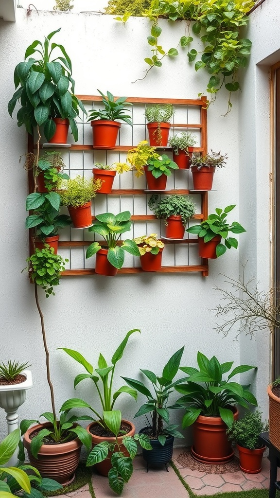 A vertical garden with various potted plants on a wooden frame, surrounded by additional potted plants on the ground.