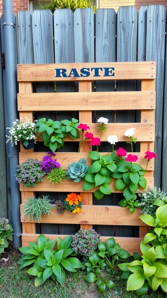 A wooden pallet vertical garden filled with colorful flowers and plants.