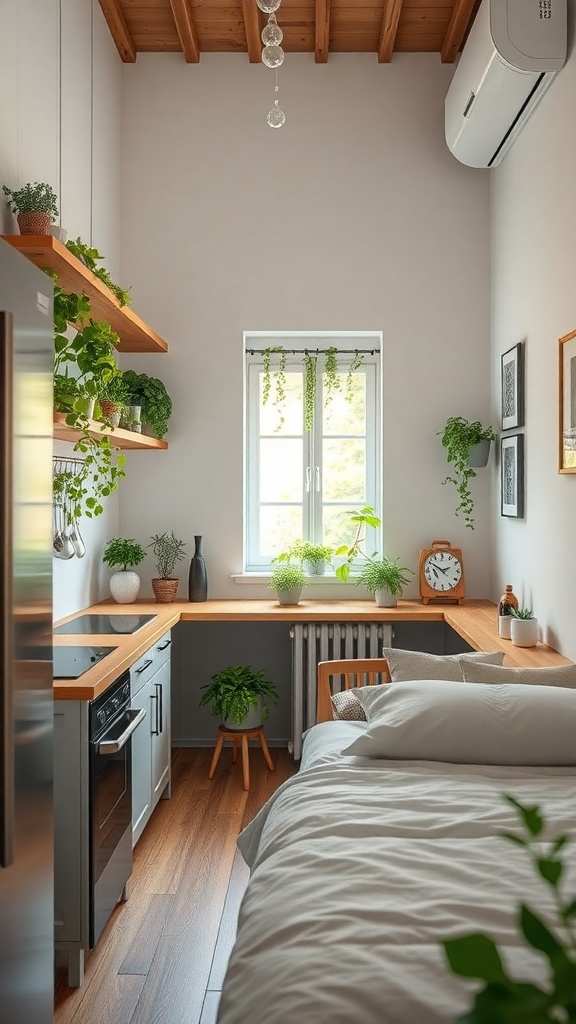 A tiny kitchen featuring vertical gardens with various plants on shelves, enhancing the space's aesthetic.