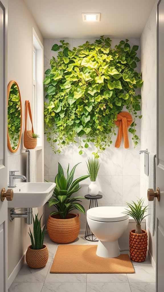 A small bathroom featuring a vertical garden with lush green plants on the wall, complemented by potted plants and a modern toilet.