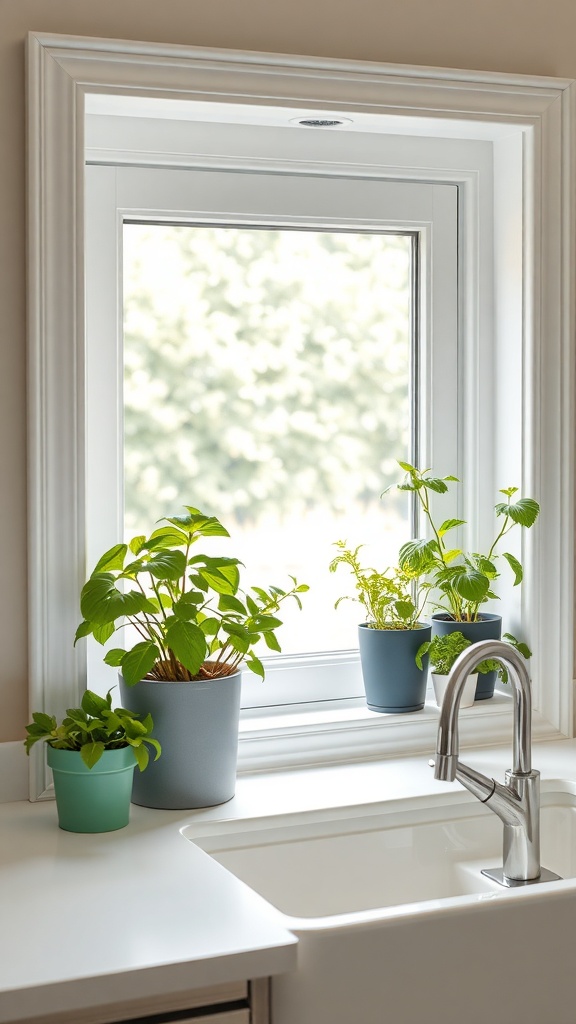 A bright kitchen window with various herb plants in pots, showcasing a vertical herb garden.