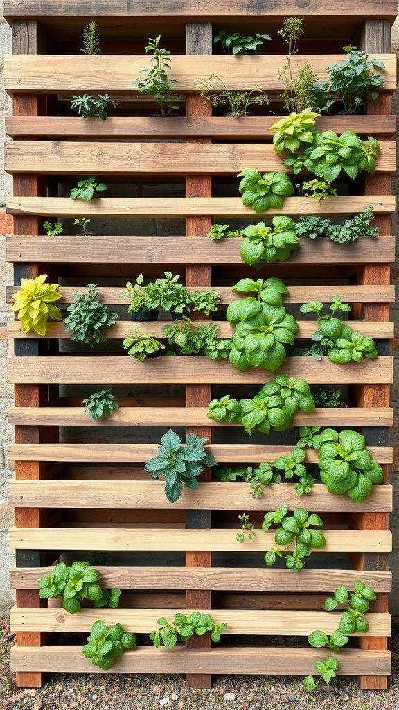 A vertical garden made from a wooden pallet with various plants growing in it.