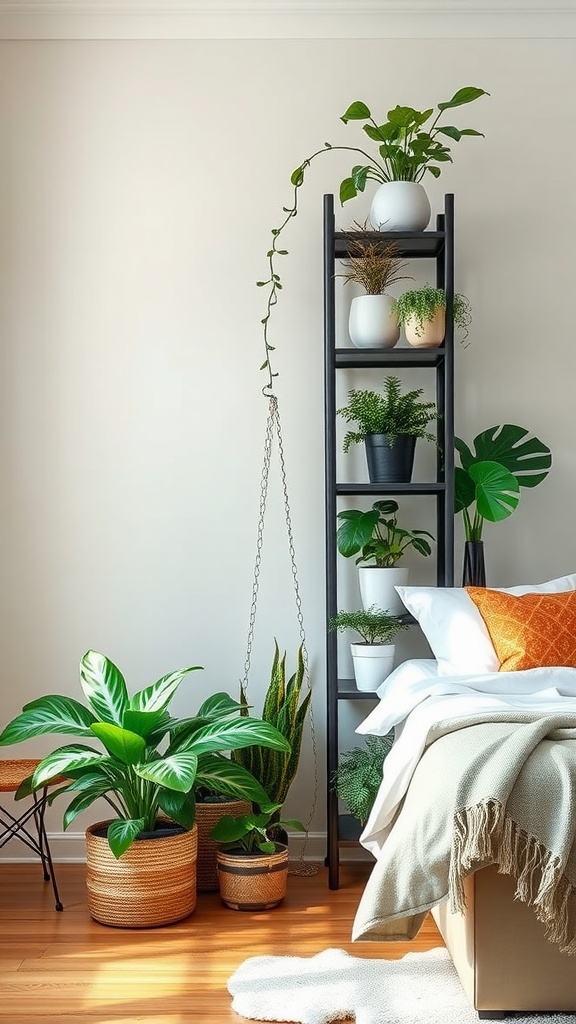 A stylish black vertical plant stand filled with various plants in pots, next to a bed with decorative pillows and a cozy throw.