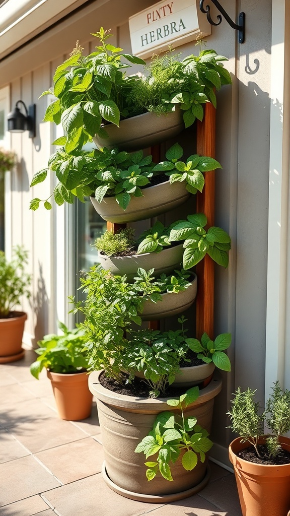 A vertical planter filled with various herbs beside a wall.
