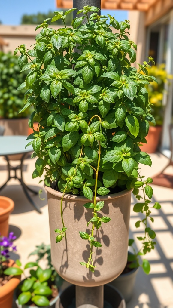 A lush green herb plant in a vertical planter on a patio.