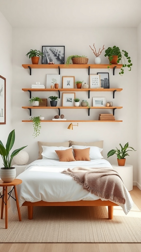 A cozy bedroom featuring vertical shelves filled with plants and decorative items, showcasing effective use of vertical space.